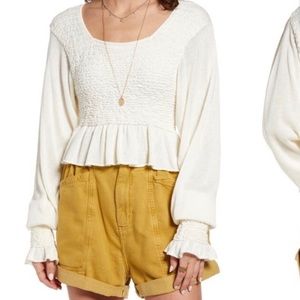 Free People evening cream smocked full puff sleeve lightweight peplum sweater
